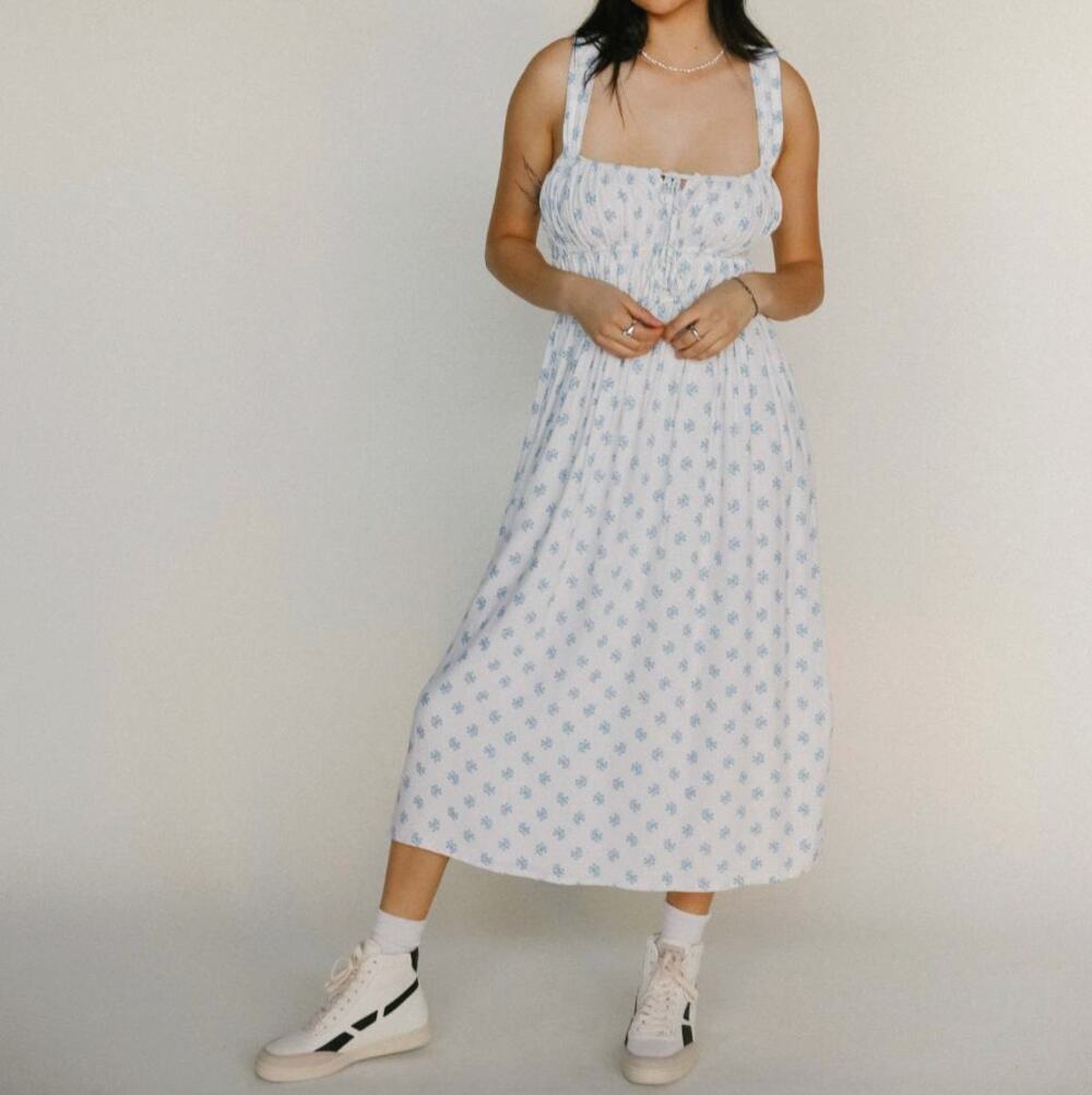 Faithfull the Brand Ramonet Cairo Blue floral print bustier milkmaid midi dress